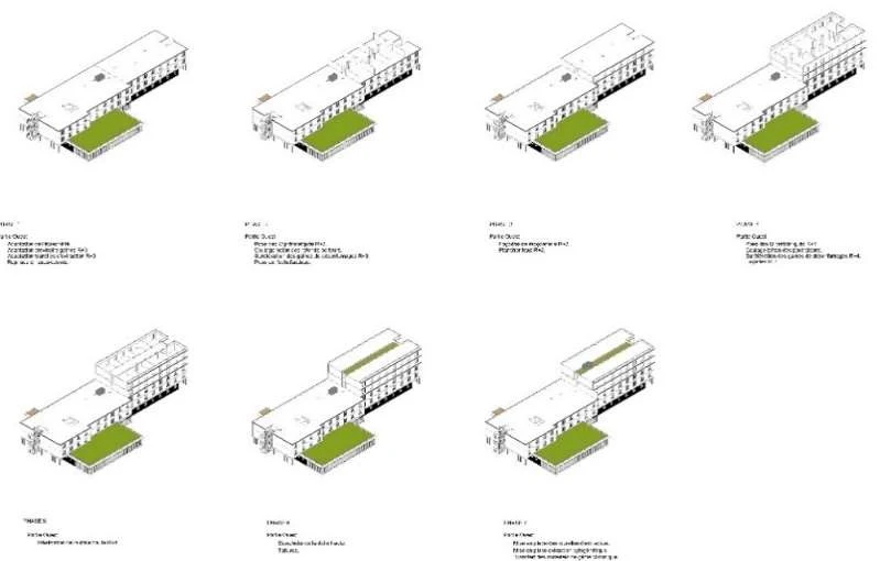 Schémas 3D des 14 phases successives du projet de surélévation — chaque image montre l'état du bâtiment à la fin de la phase correspondante